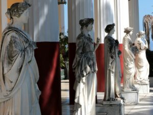 A perspective of Peristyle of the Muses at the entrance of Achilleion Palace