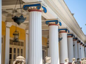 Raffaele Caritto architect. Pillars in front of Achilleion Palace in Corfu